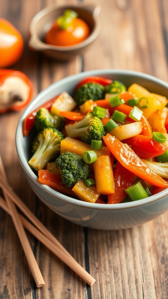 Savory Onion Vegetable Stir-Fry Recipe A colorful bowl of stir-fried onions, bell peppers, broccoli, and carrots with green onions on top.